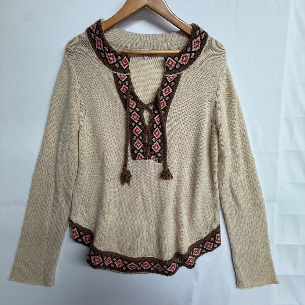 Calypso St Barth Wool Camel Hair Knit Sweater Cream Fair Isle Boho Tassel M